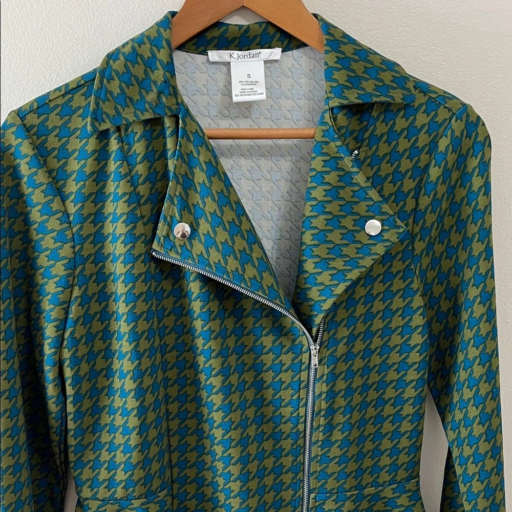 K Jordan Moto Houndstooth Blazer Jacket Top Size Small Green Blue lightweight